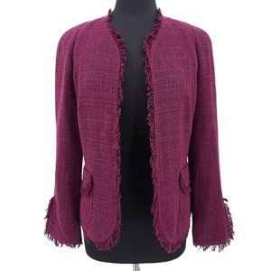 Anne Klein Pink Purple Tweed Open Front Fringe Trim Blazer Jacket Split Sleeve 8
